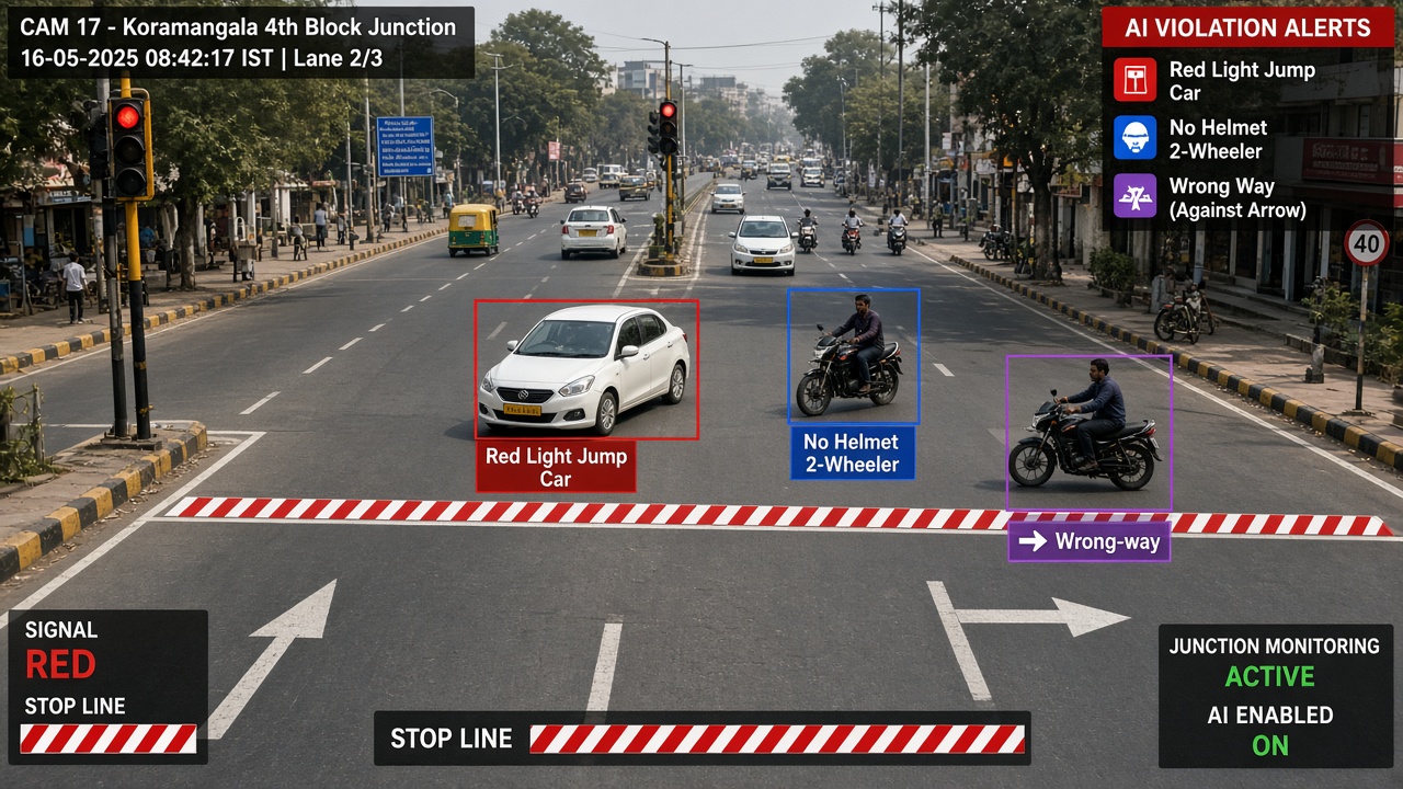 Signalised junction camera view with AI flags for a red-light jump by a car, a two-wheeler rider without a helmet and a wrong-way vehicle, with the stop line highlighted