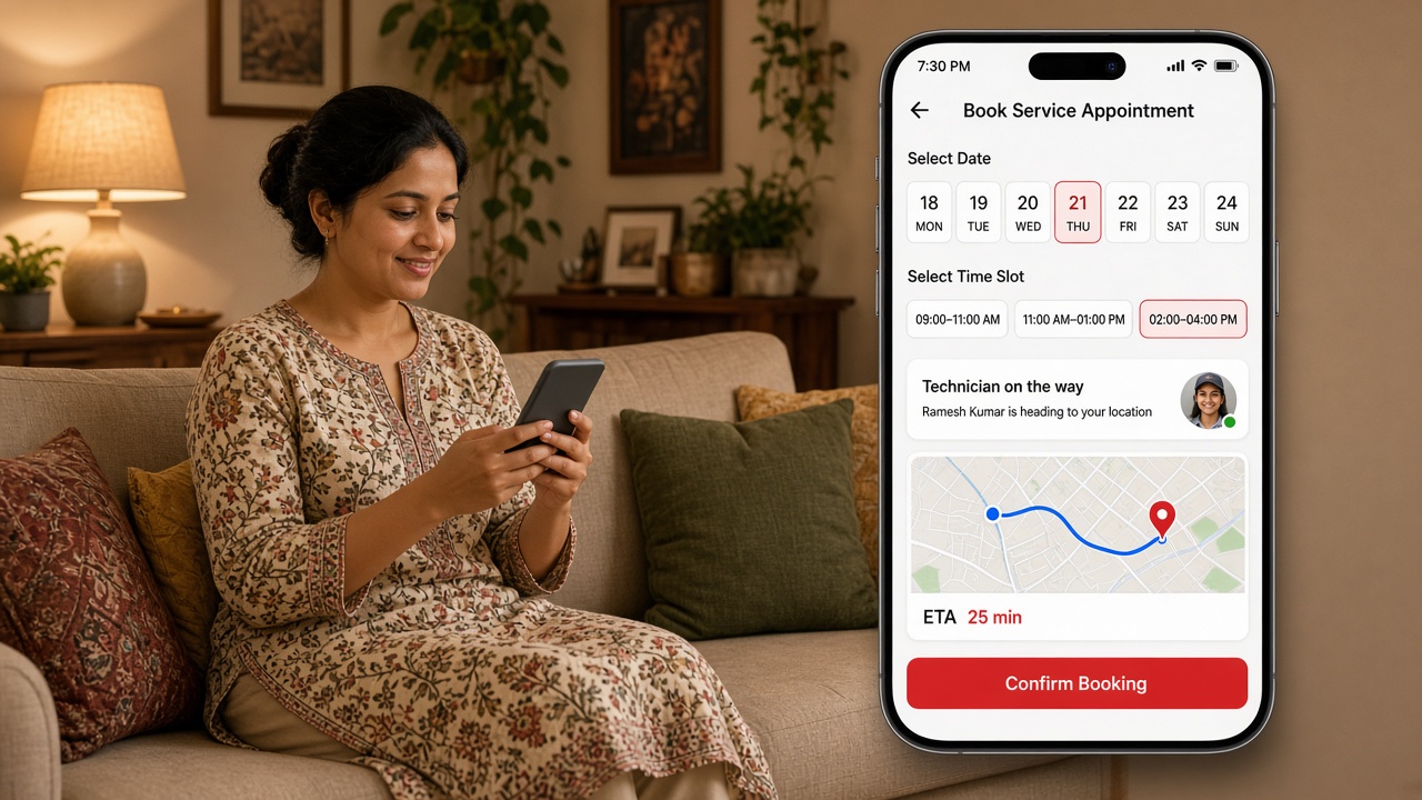 Customer on a sofa using her phone, beside a service booking app screen with a date picker, time slots, technician tracking with an ETA and a confirm booking button