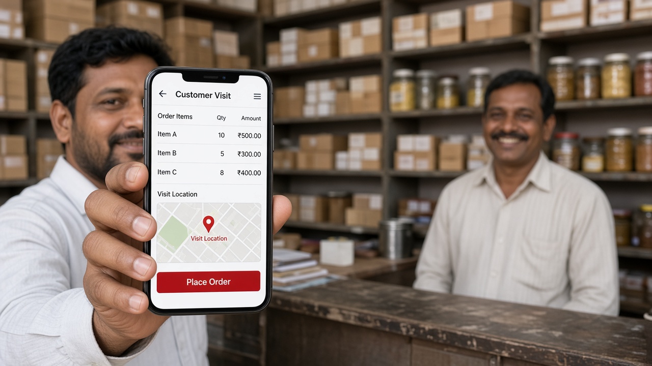 Sales representative in a general store holding up a phone with a mobile order app showing order items, a visit location map and a place order button, with the shopkeeper behind the counter