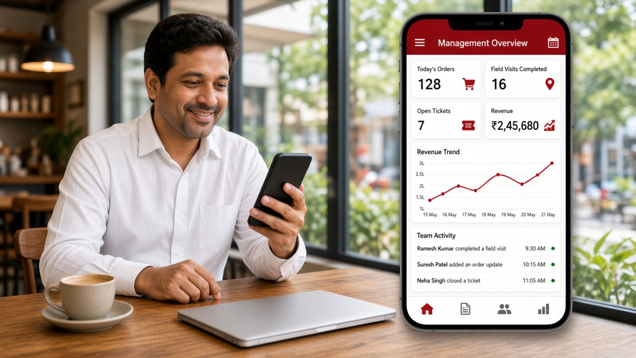 Business owner in a cafe checking his phone, beside a management app screen with today's orders, field visits completed, open tickets, revenue, a trend chart and a team activity feed