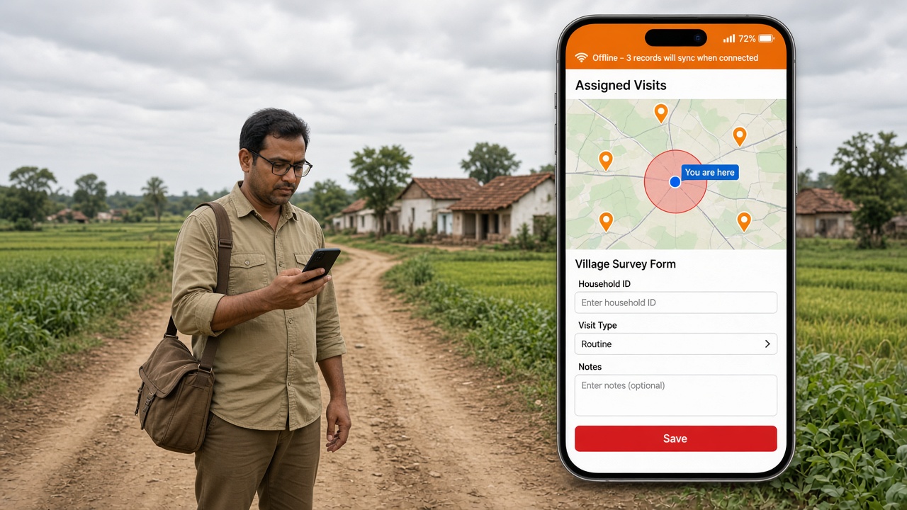 Field surveyor checking his phone on a village road, beside a phone screen with assigned visit points on a map, a geofence around the current location, an offline sync status and a survey form