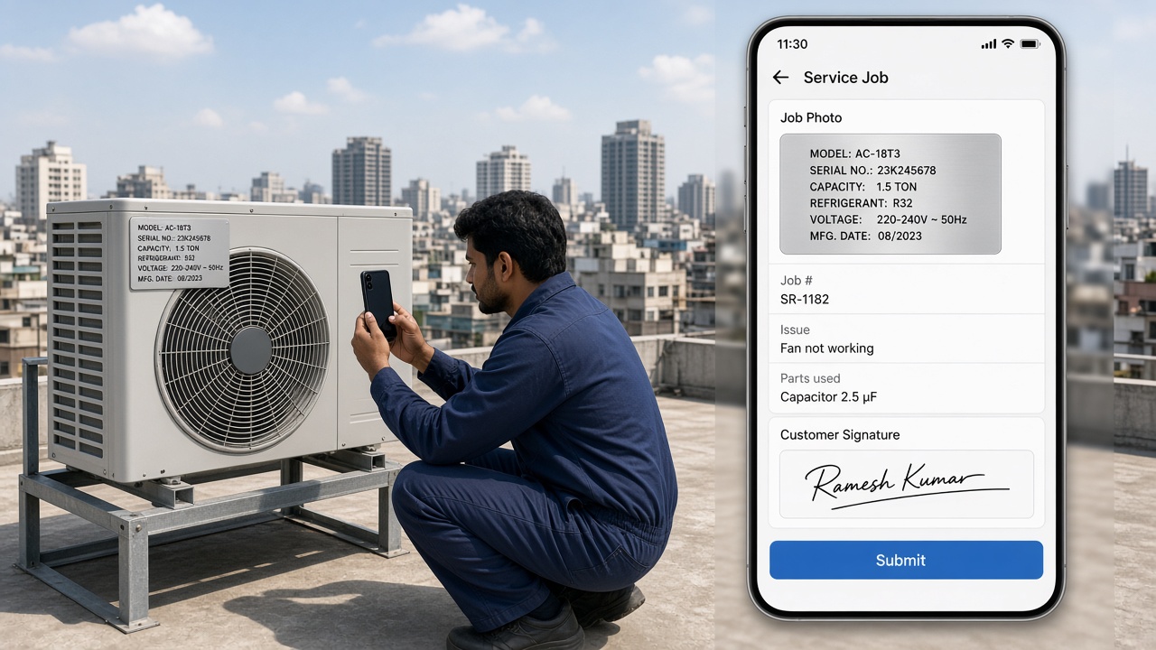 Service engineer on a rooftop photographing an air-conditioning unit nameplate with his phone, beside a service job screen showing the nameplate photo, issue, parts used and customer signature