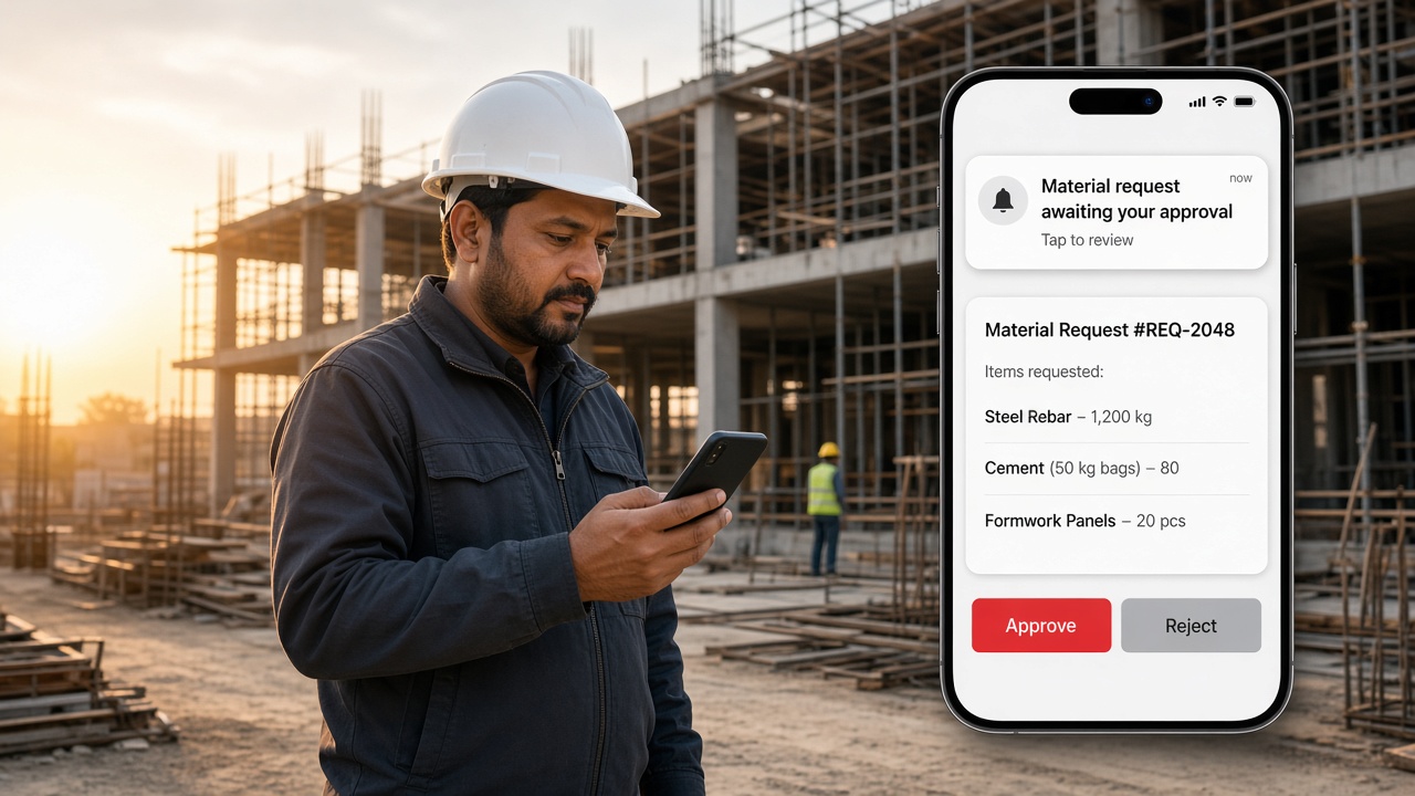 Site supervisor in a hard hat checking his phone at a construction site, beside a phone screen with a notification that a material request awaits approval, and approve and reject buttons
