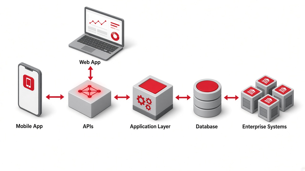 Isometric diagram of a mobile app and a web app connecting through APIs to an application layer, a database and enterprise systems with two-way arrows
