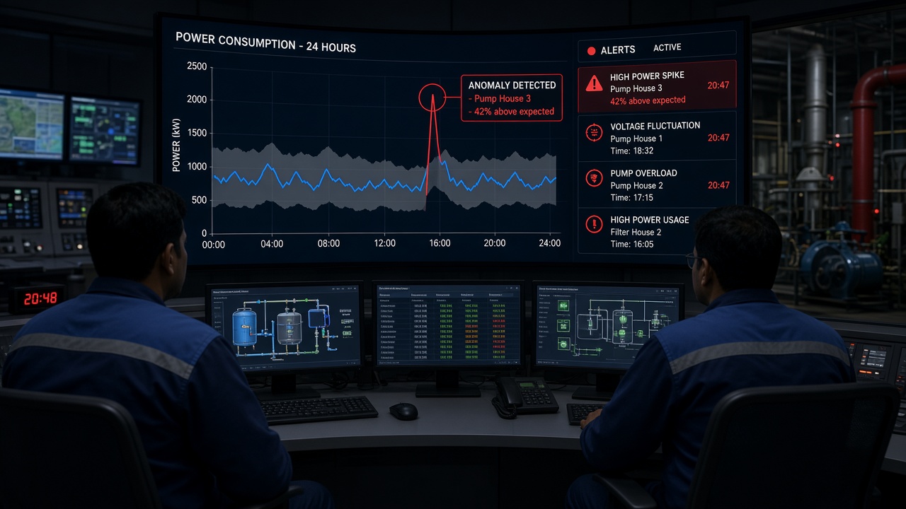 Operators in a pumping facility control room looking at a 24-hour power consumption chart with an expected band and a red spike flagged as an anomaly at Pump House 3, beside an active alerts list