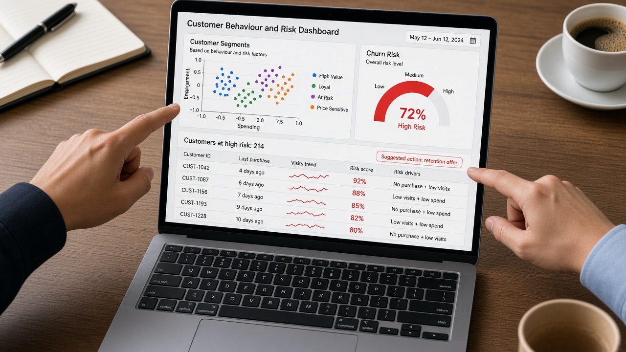 Laptop showing a customer behaviour and risk dashboard with customer segment clusters, a churn risk gauge and a list of high-risk customers with risk scores, risk drivers and a suggested retention action