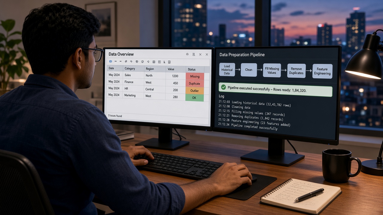 Over-the-shoulder view of a data engineer at two monitors: a data table with missing, duplicate and outlier values flagged, and a data preparation pipeline from loading historical data to cleaning, filling missing values, removing duplicates and feature engineering with a run log