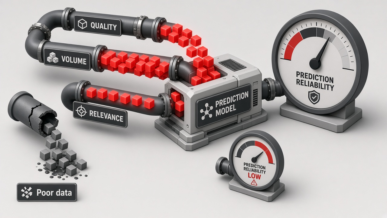 Isometric illustration of quality, volume and relevance data pipes feeding a prediction model that drives a high prediction reliability gauge, while a broken pipe of poor data leads to a low reliability gauge