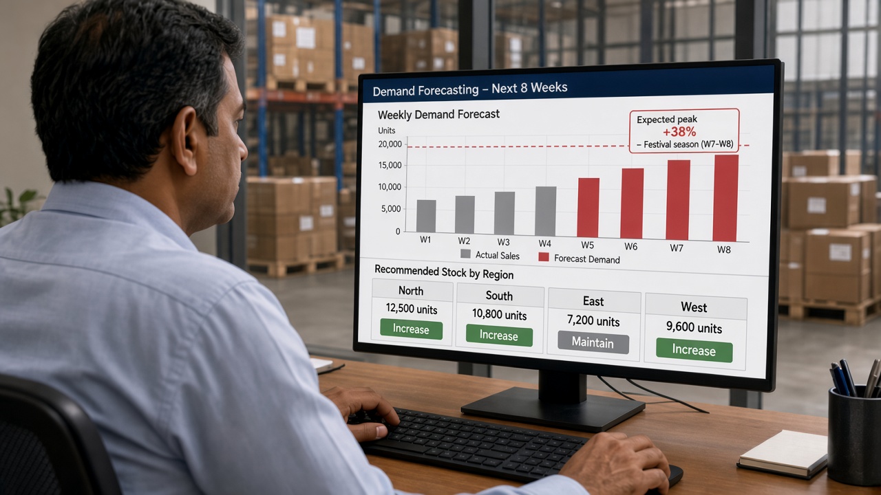 Over-the-shoulder view of a supply planner in a distribution centre office viewing an 8-week demand forecast with actual sales and forecast bars, an expected +38% festival season peak and recommended stock cards for North, South, East and West