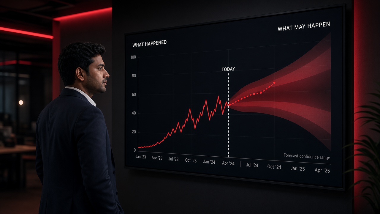 Analyst in front of a wall display showing historical data labelled what happened, a today marker and a forecast line with a widening confidence band labelled what may happen
