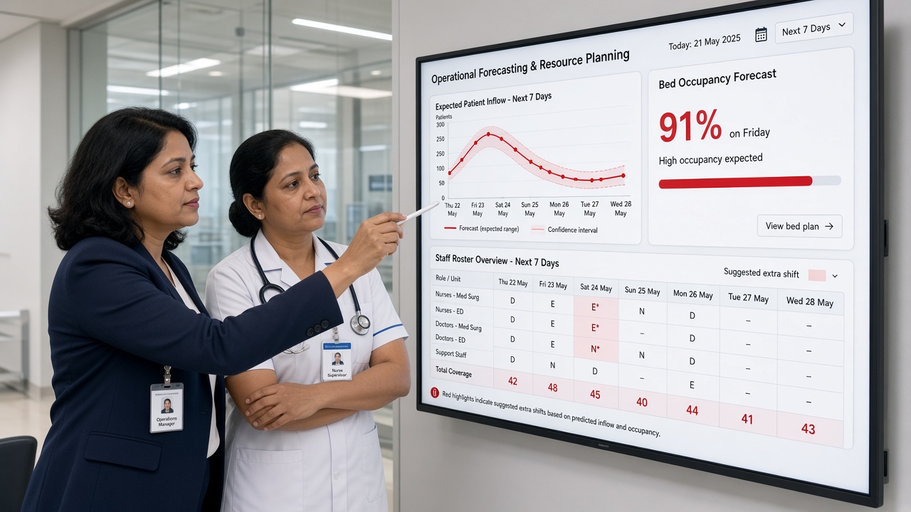 Hospital operations manager and nurse supervisor reviewing a touchscreen with an expected patient inflow forecast for the next seven days, a bed occupancy forecast and a staff roster with suggested extra shifts