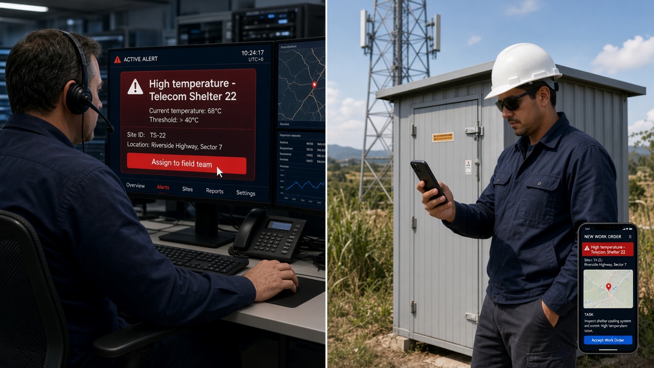 Split scene: a command centre operator with a headset assigning a high temperature alert for a telecom shelter to the field team, and a field technician at the shelter beside a tower checking his phone, with the work order screen showing the location, map and task