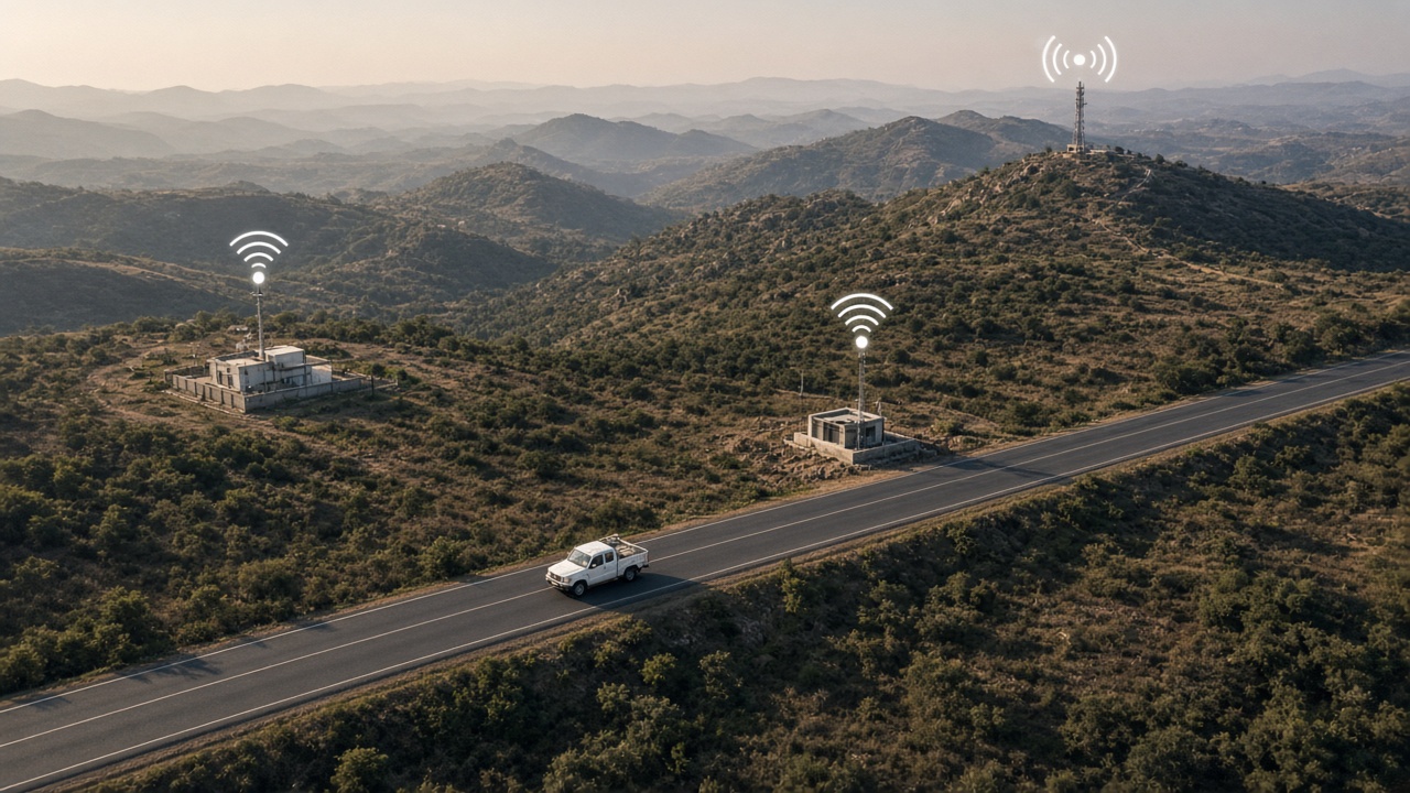 Aerial view of a long highway through hilly terrain with one inspection pickup truck travelling between widely spaced remote sites, a pumping station, a valve chamber and a hilltop tower, each showing a connectivity signal
