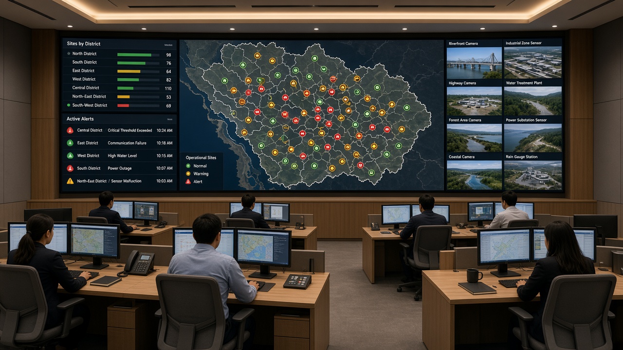 Large command centre with rows of operators facing a video wall showing a regional map with site markers in green, amber and red, a sites-by-district panel, an active alerts list and live tiles from different locations