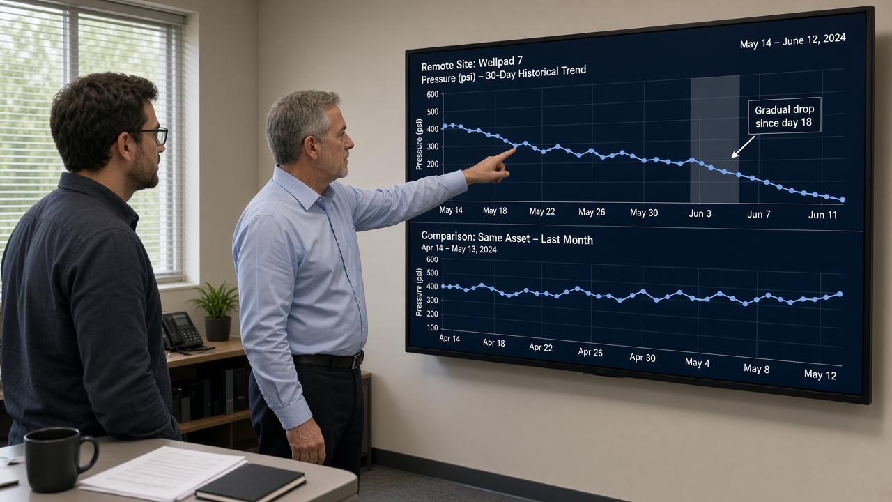 Manager and analyst reviewing a wall display with a 30-day pressure trend for a remote site showing a gradual drop highlighted since day 18, compared with a stable trend for the same asset in the previous month