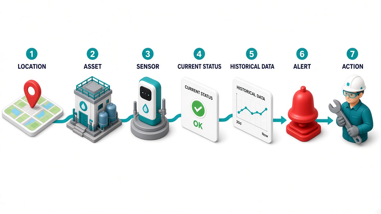 Isometric illustration of seven numbered steps connected by a teal path: a map pin for location, a pumping station for asset, a sensor device, a current status card marked OK, a historical data chart, a red alert bell and a technician with a wrench for action