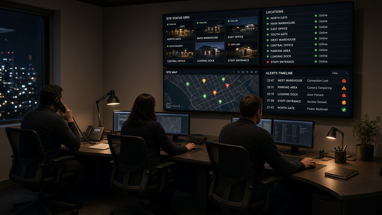 Compact regional monitoring room at night with three operators at a curved desk in front of four wall displays showing a site status grid, a list of locations with online status, a city site map and an alerts timeline