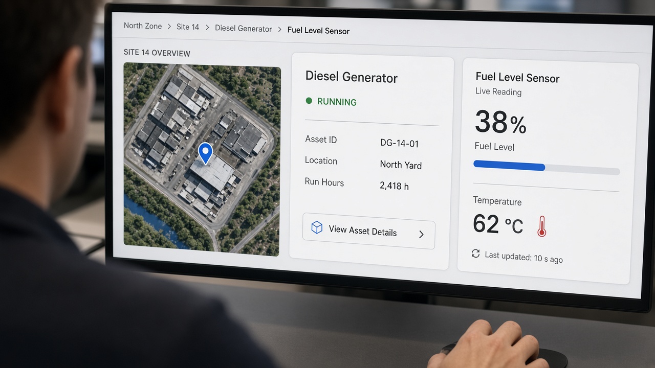 Operator's monitor showing a drill-down from North Zone to Site 14, a diesel generator and its fuel level sensor, with a satellite site map, a running asset card with run hours and a live fuel level of 38 percent updated 10 seconds ago