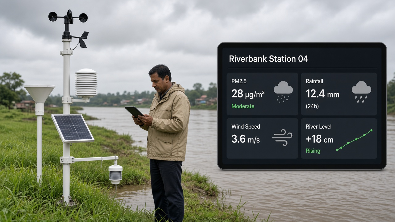 Environmental officer on a riverbank beside a solar-powered monitoring mast with a weather station, air quality sensor and river level sensor, checking his tablet, with a station dashboard showing PM2.5, rainfall, wind speed and a rising river level