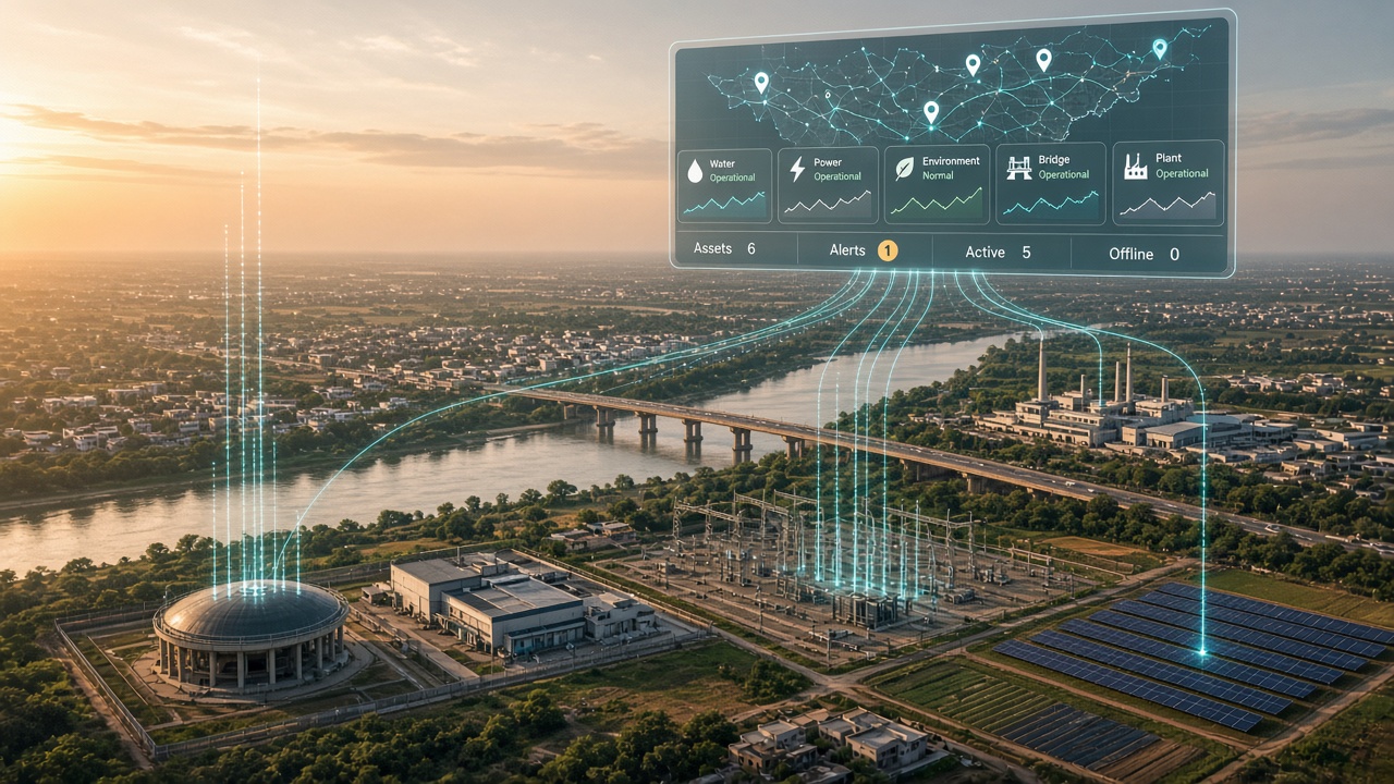 Aerial view of a district at golden hour with a water tank, substation, river bridge, factory and solar farm, each sending data lines up to one floating dashboard with a map and status tiles for water, power, environment, bridge and plant