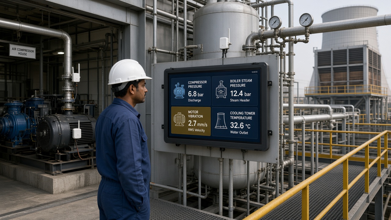 Plant maintenance supervisor in an industrial utility yard looking at a wall touchscreen showing compressor pressure, boiler steam pressure, motor vibration highlighted in amber and cooling tower temperature, with sensors on pipes and motors