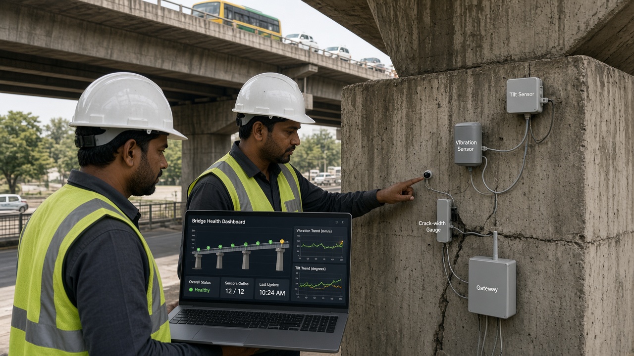 Two structural engineers under a road bridge inspecting a pier fitted with tilt, vibration and crack-width sensors and a gateway, with a laptop showing a bridge health dashboard with sensor points, vibration and tilt trends