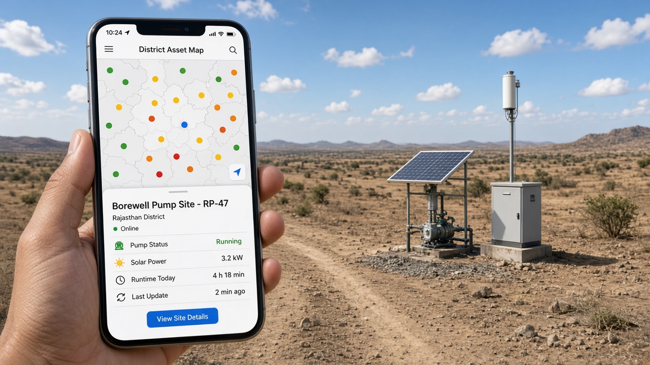 Hand holding a phone showing a district map of scattered asset pins and a site card for a borewell pump with pump running, solar power 3.2 kW, runtime today and last update two minutes ago, with the remote solar pump and equipment cabinet in the background