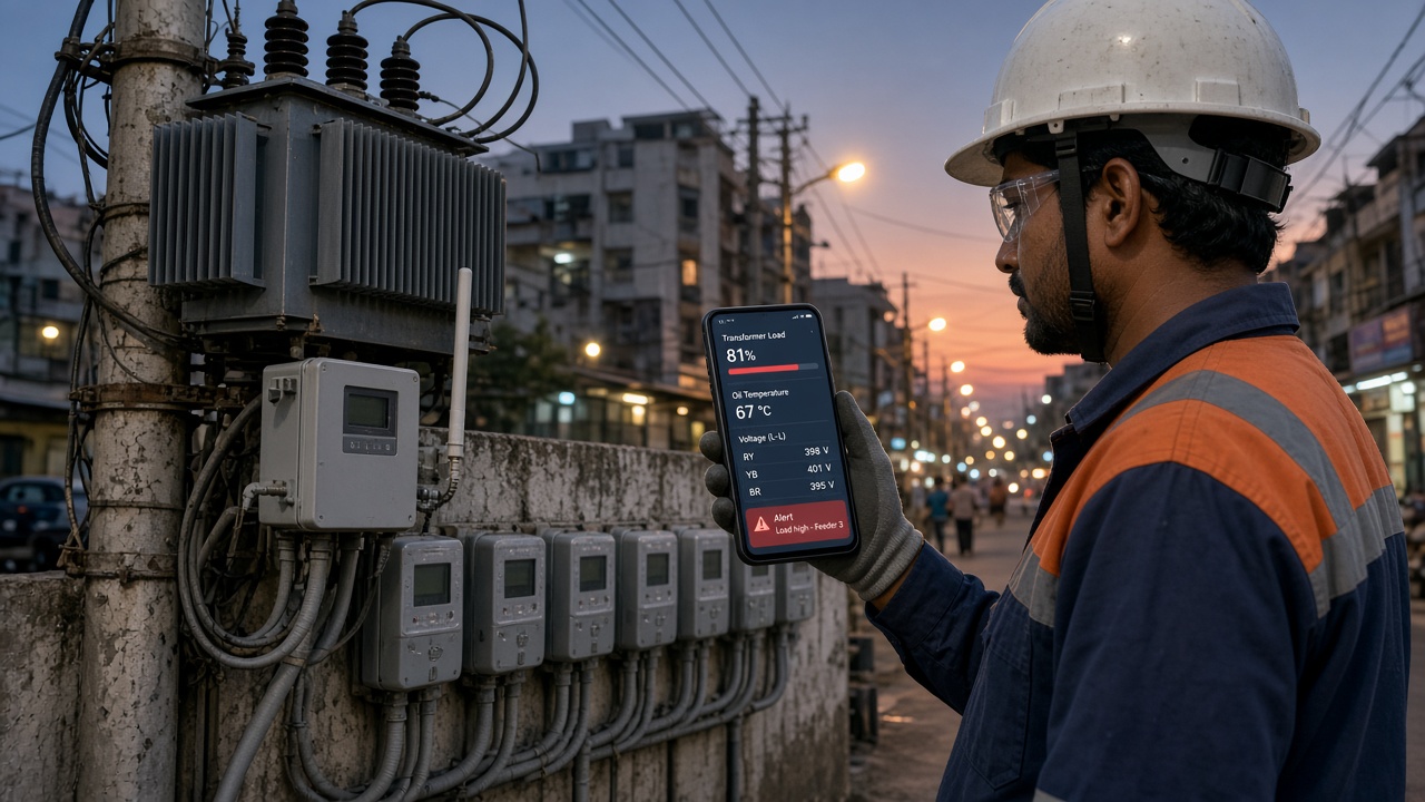 Utility lineman at dusk beside a pole-mounted distribution transformer with a monitoring box and a row of smart meters, holding a phone showing transformer load at 81 percent, oil temperature, phase voltages and a high-load alert for feeder 3