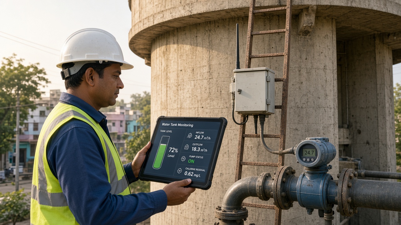 Water engineer at the base of an overhead water tank holding a tablet showing tank level at 72 percent, inflow, outflow, pump status on and chlorine residual, with a sensor enclosure on the tank ladder and a flow meter on the pipe