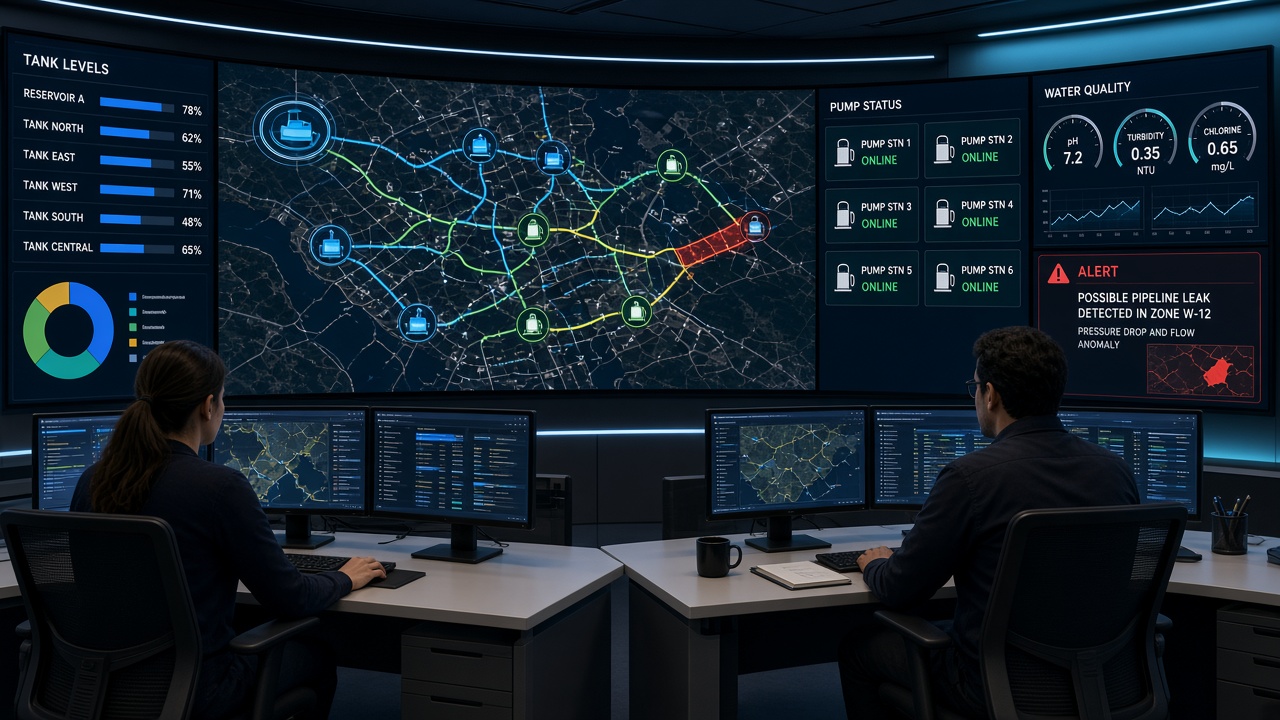 Water utility operations room with two operators in front of a curved video wall showing a city water network map, tank levels, pump station status, water quality gauges for pH, turbidity and chlorine, and an alert for a possible pipeline leak in one zone