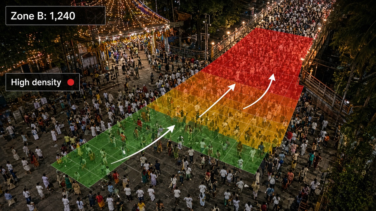 High-angle view of a festival street crowd at night with an overlay grid shaded green, amber and red toward a narrow bridge, a zone count of 1,240 people, a high density label and flow arrows
