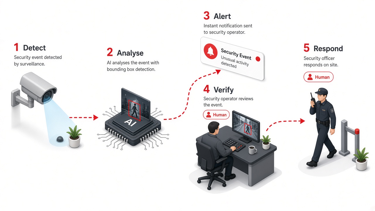 Isometric illustration of five connected steps: a camera for detect, an AI chip for analyse, a notification card for alert, a human operator at a monitor for verify and a security officer with a radio for respond, with verify and respond marked human