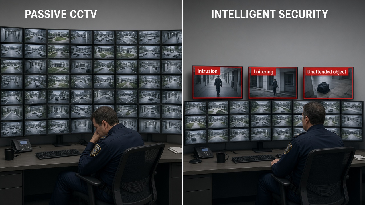 Split view of a security room: on the left a tired guard in front of a dense wall of camera feeds labelled passive CCTV, on the right the same guard alert with three enlarged feeds flagged by AI as intrusion, loitering and unattended object, labelled intelligent security