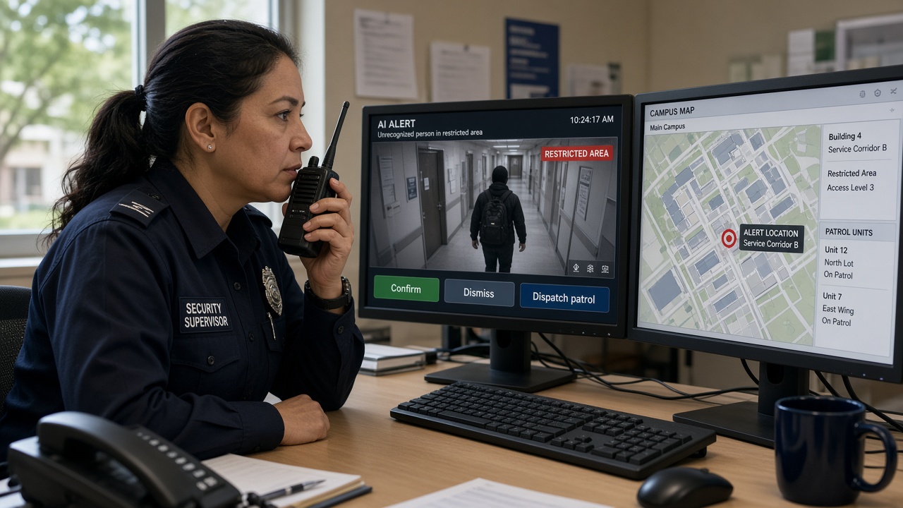 Security supervisor at a campus security desk reviewing an AI alert clip of a person in a restricted service corridor with confirm, dismiss and dispatch patrol buttons, speaking into a radio, with a campus map showing the alert location