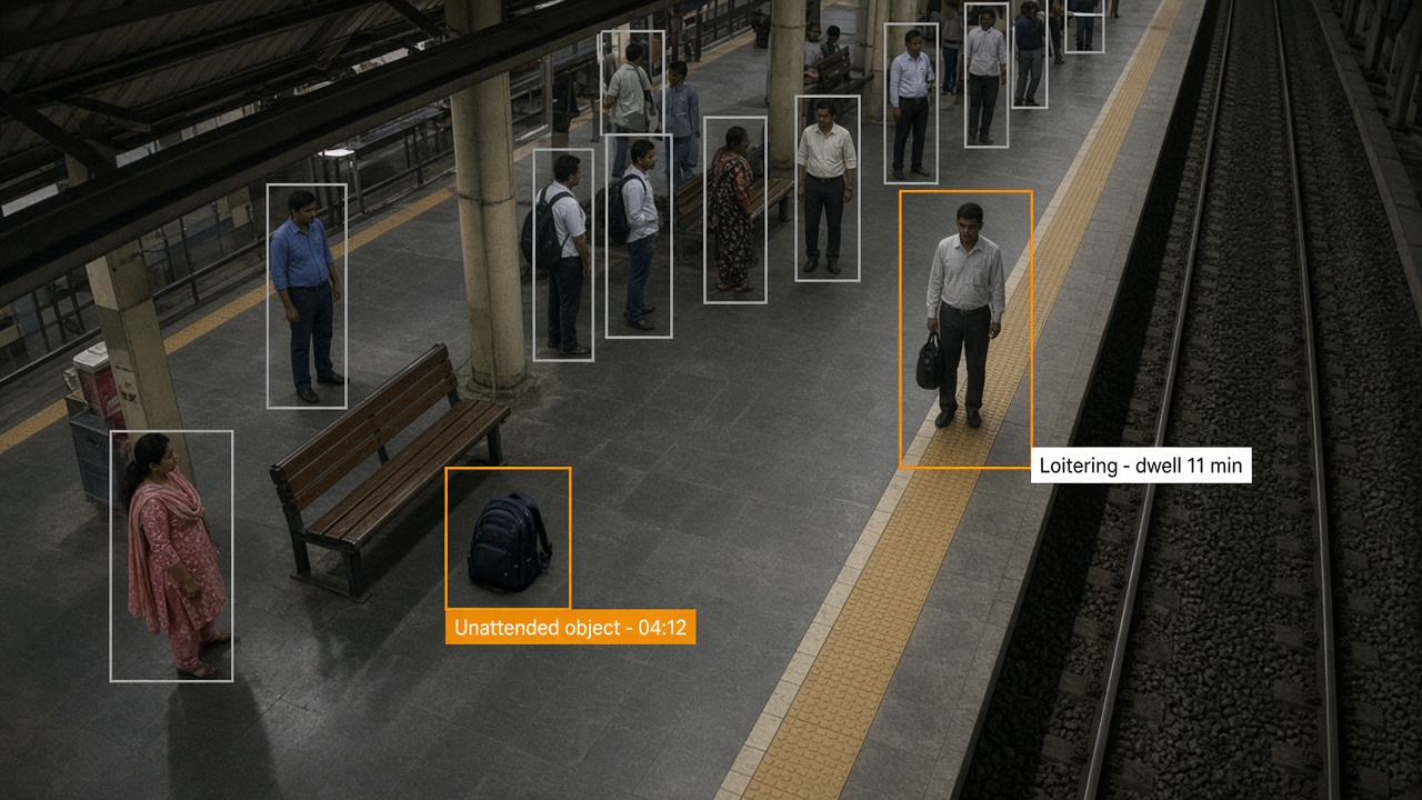 Elevated camera view of a metro platform with commuters in grey boxes, an amber box around a backpack left by a bench labelled unattended object, and an orange box around a man near the platform edge labelled loitering with an 11-minute dwell time