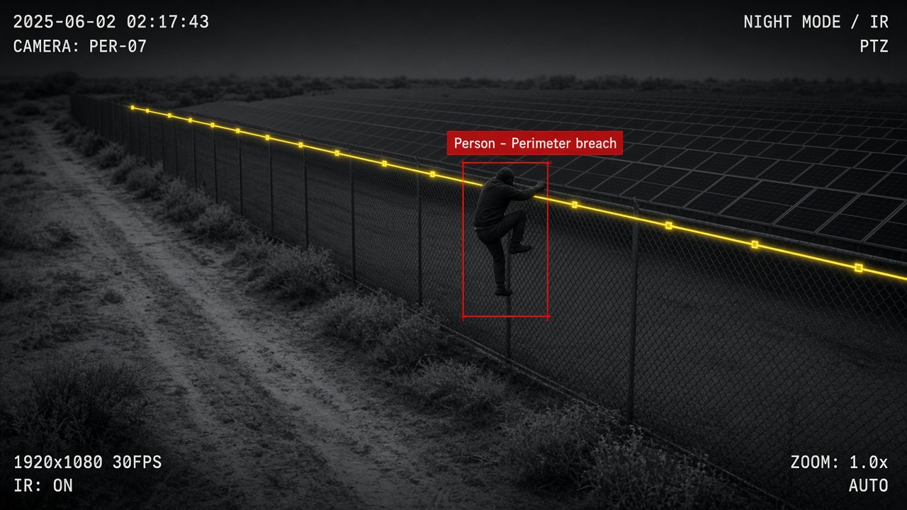 Night infrared camera view of a solar farm perimeter fence with a yellow virtual tripwire along the fence and a red box around a person climbing over it, labelled person perimeter breach