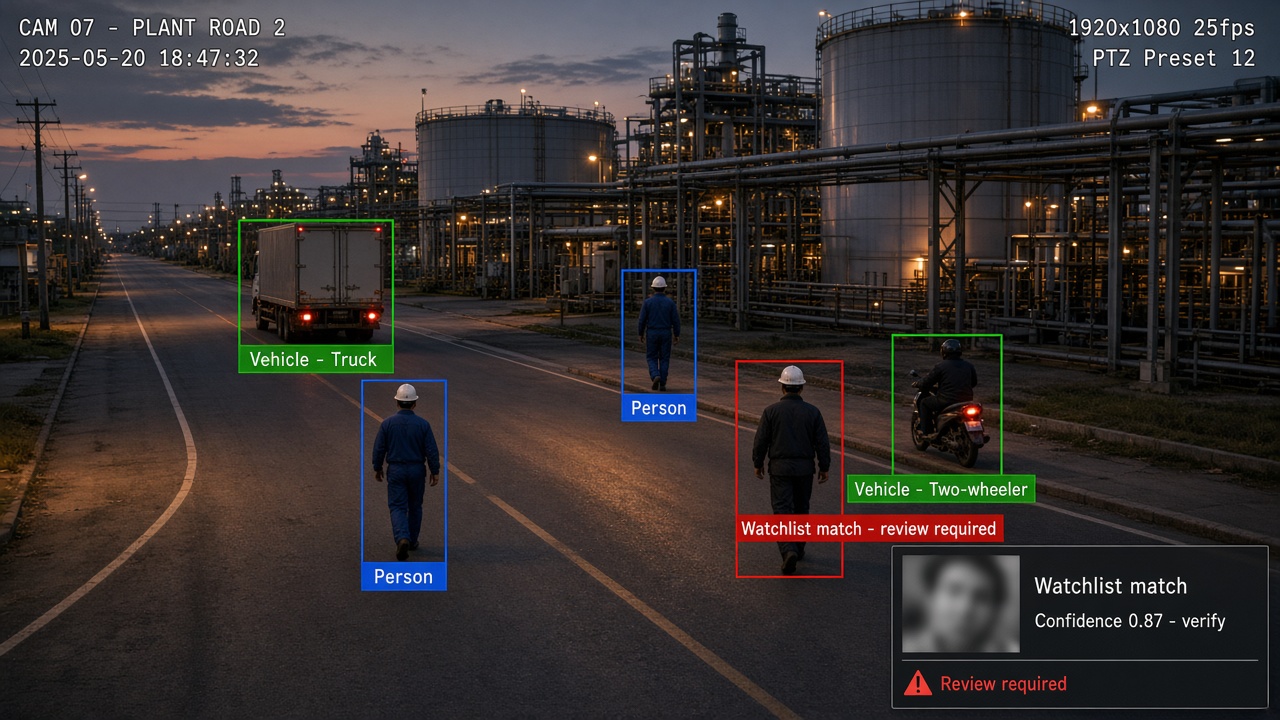 Dusk camera view of an industrial plant road with workers boxed as person, a truck and a two-wheeler boxed as vehicles, and one person boxed in red as a watchlist match with a side panel showing a blurred reference, confidence 0.87 and review required
