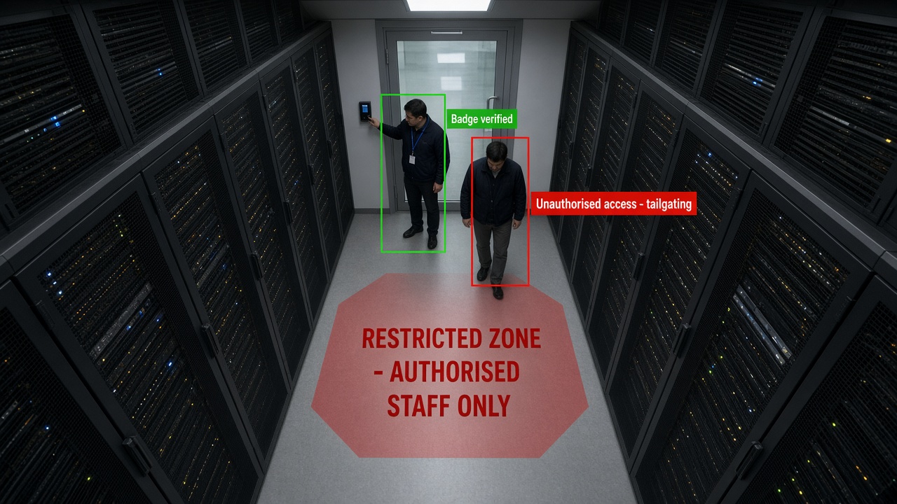 Overhead camera view of a data centre corridor with a red restricted zone marked on the floor, one person badging in at a door marked badge verified and a second person following closely boxed in red as unauthorised access tailgating