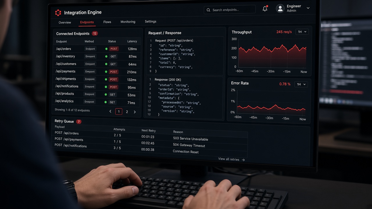 Integration engine console with connected API endpoints and status, request and response panels, throughput and error-rate charts and a retry queue