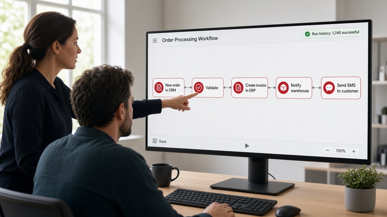 Process owner pointing at an automated order processing workflow on screen from new order in CRM to validate, create invoice in ERP, notify warehouse and send SMS to customer