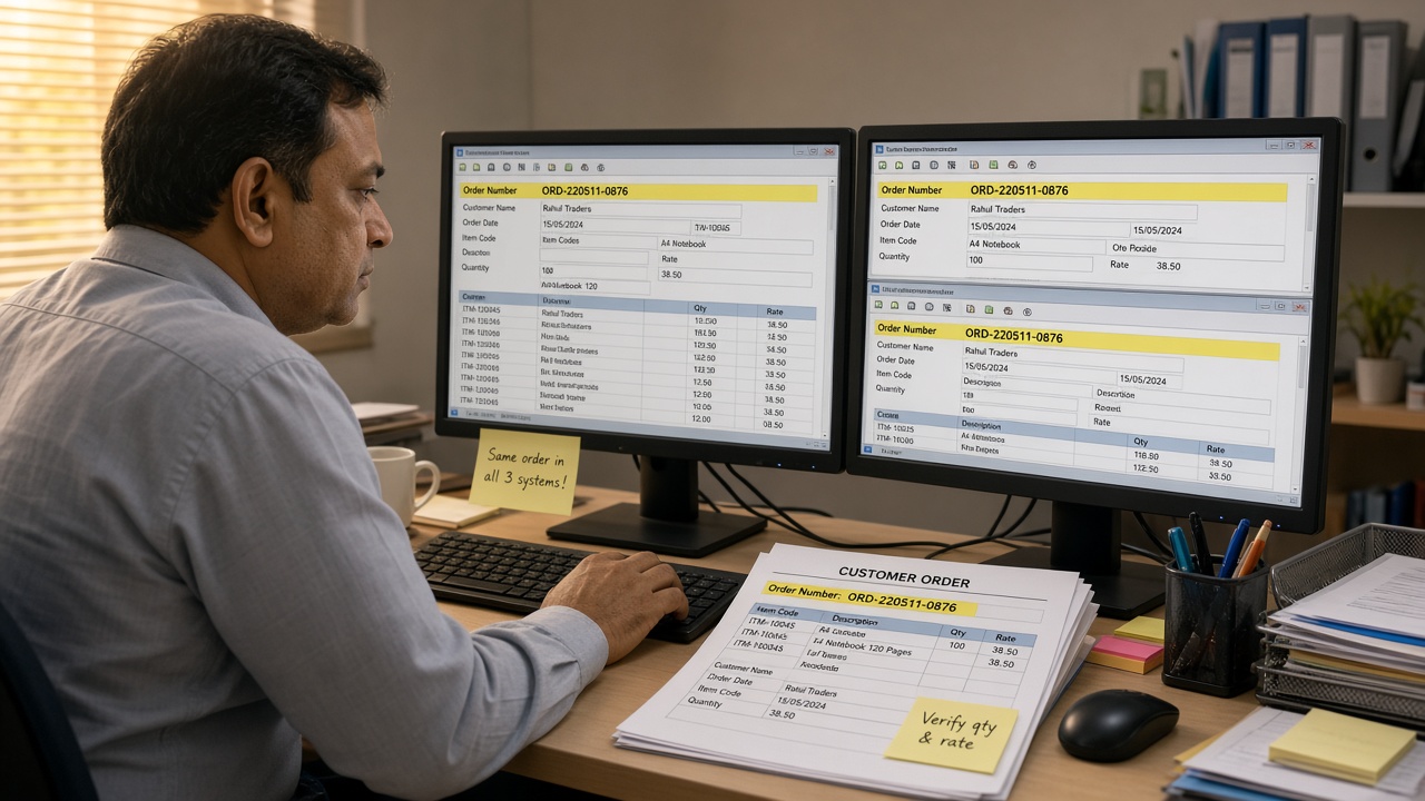 Office clerk re-typing the same customer order number into three different applications across two monitors, with a printed order and a sticky note saying same order in all 3 systems