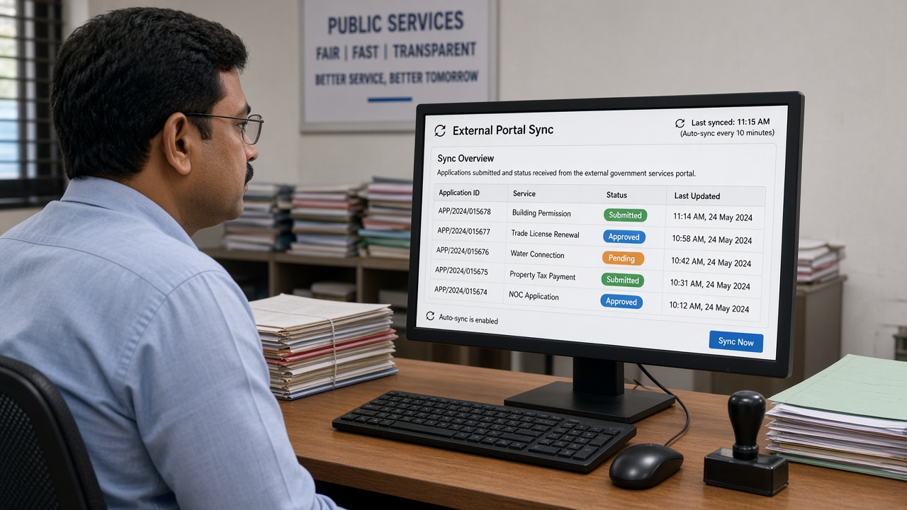 Public services officer at a desk with an external portal sync screen listing application IDs, services, submitted, approved and pending statuses and the last synced time