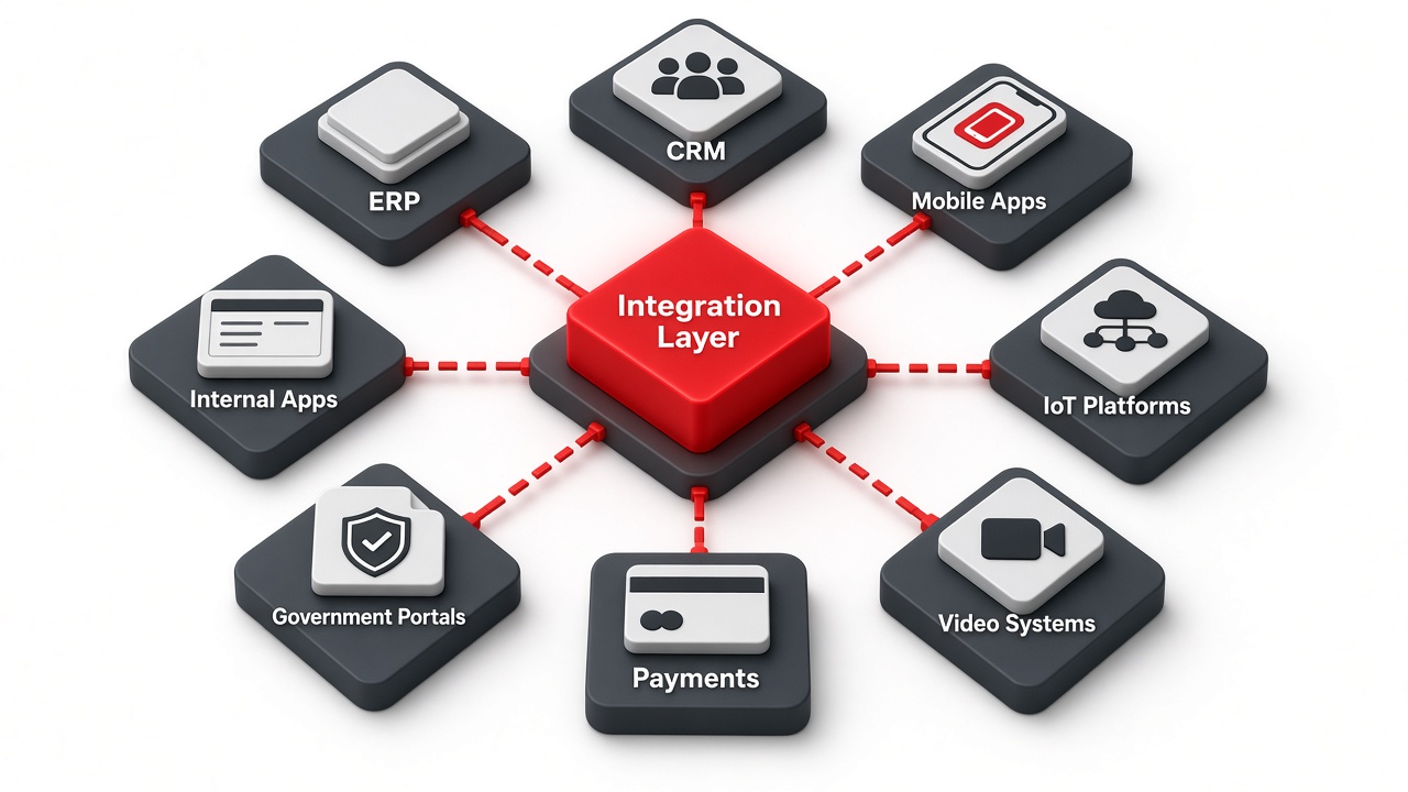 Isometric illustration of a red integration layer hub connected to ERP, CRM, mobile apps, IoT platforms, video systems, payments, government portals and internal apps