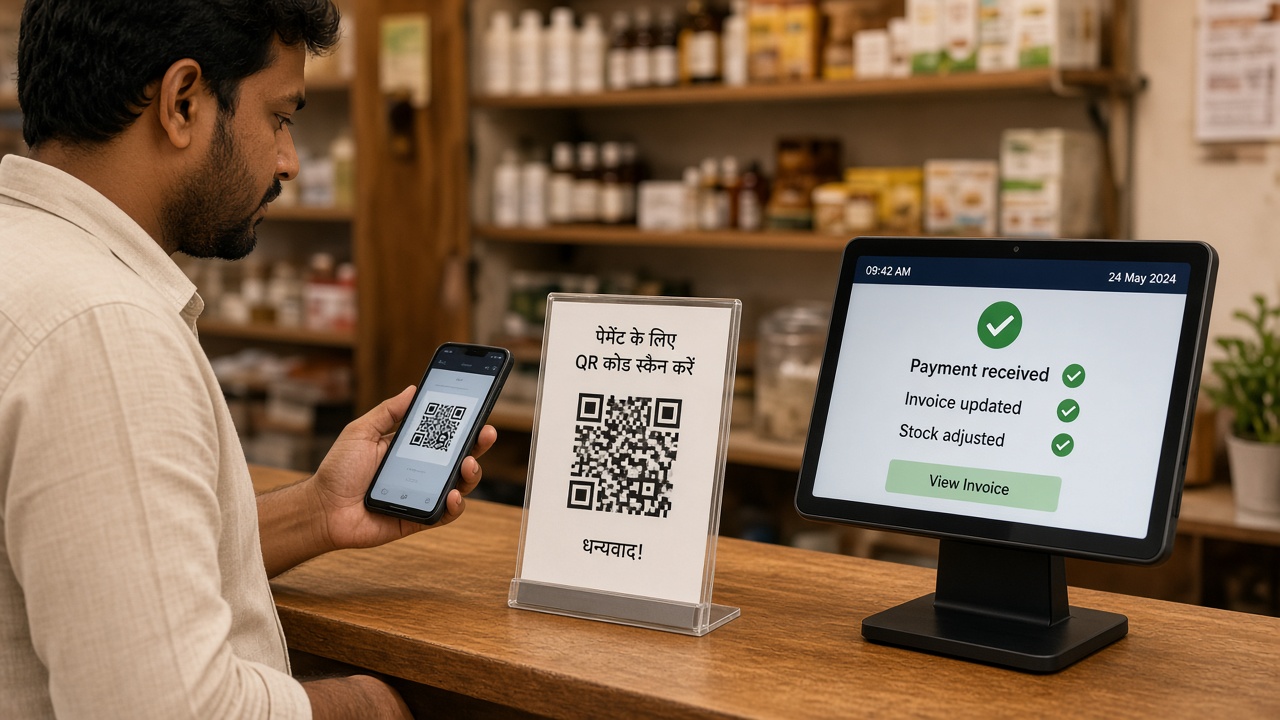 Customer scanning a QR code to pay at a shop counter while a tablet point-of-sale shows payment received, invoice updated and stock adjusted