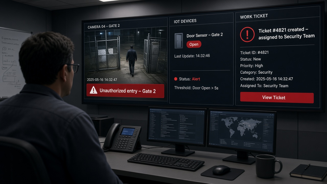 Operations room display showing an AI camera alert for unauthorized entry at Gate 2, an IoT door sensor reading open and an automatically created work ticket assigned to the security team