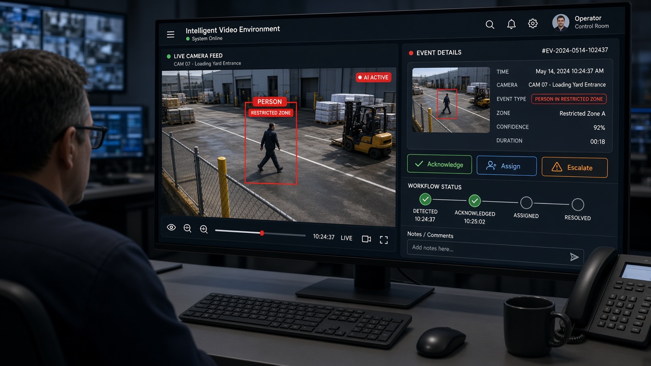 Operator workstation with a live yard camera showing an AI detection of a person in a restricted zone beside an event card with acknowledge, assign and escalate buttons and a workflow status bar