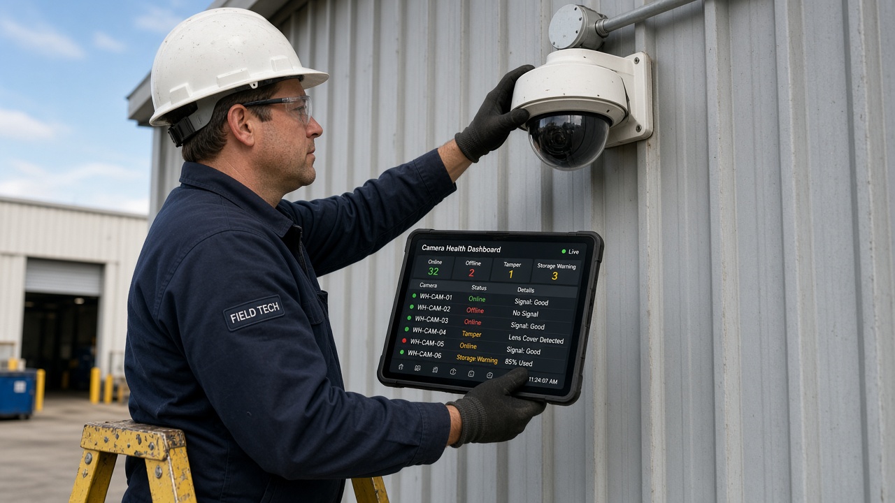 Field technician on a ladder servicing a dome camera while holding a tablet showing online, offline, tamper and storage warning statuses