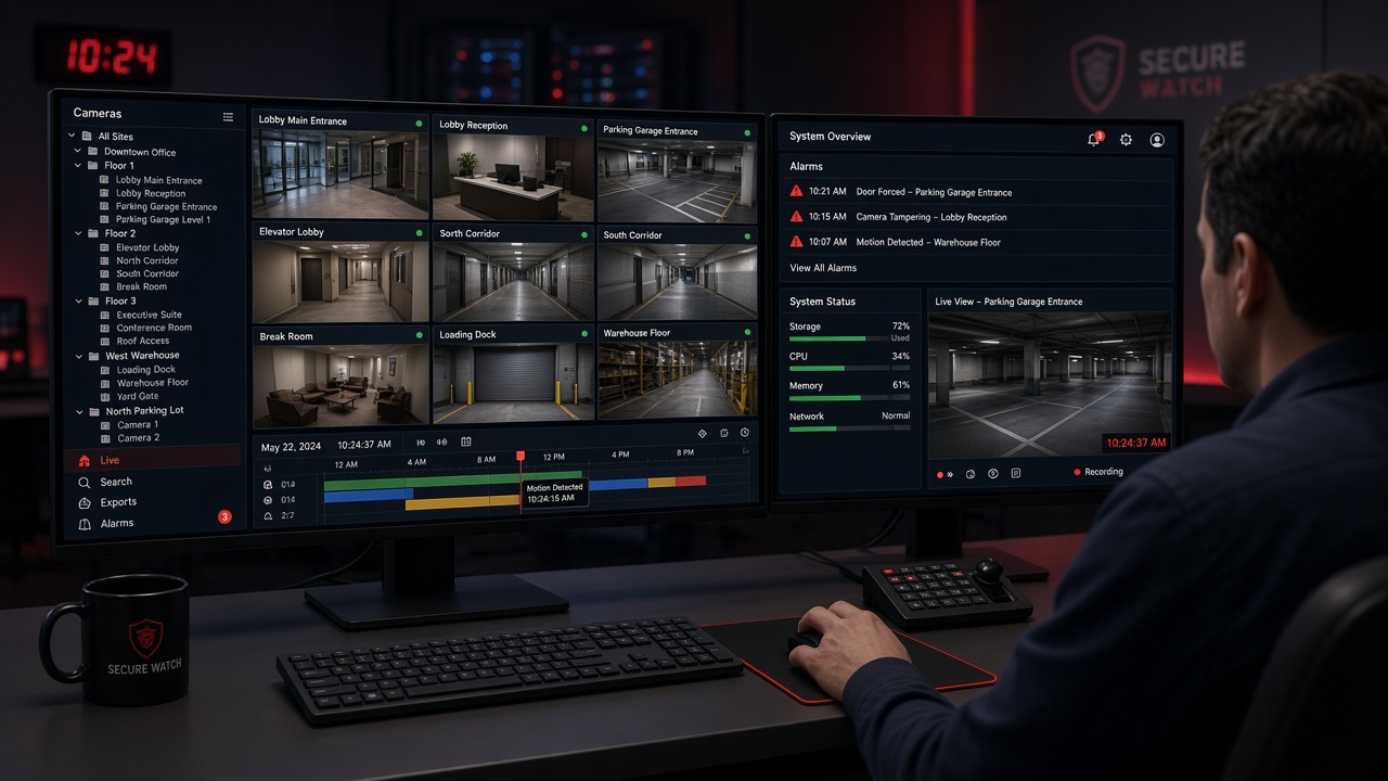 Security operator using a video management system with a live camera grid, a camera tree grouped by site and floor, a recording timeline with event markers and an alarms panel
