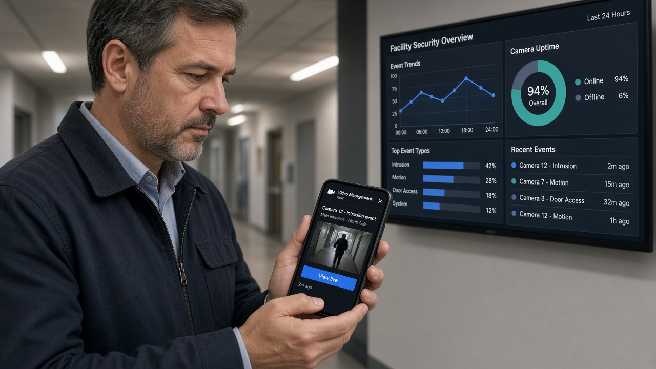 Facility manager reading an intrusion alert with a snapshot on a smartphone, with a wall dashboard showing event trends, camera uptime and recent events behind him