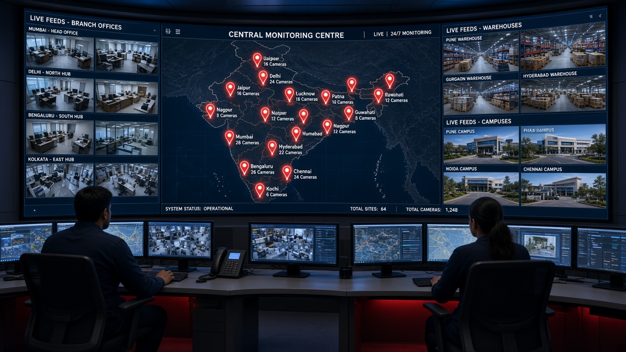 Central monitoring centre with a curved video wall showing a map of site locations with camera counts, surrounded by live feeds from branch offices, warehouses and campuses
